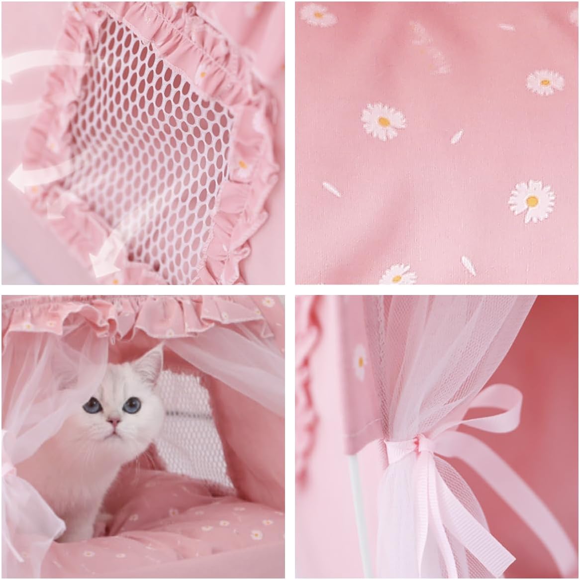 Cat Bed Tents Dog House Indoor Outdoor Lace Mesh Breathable Windows Door Curtains Removable Portable Nest Teepe House (Small,Pink(Ruffled ))