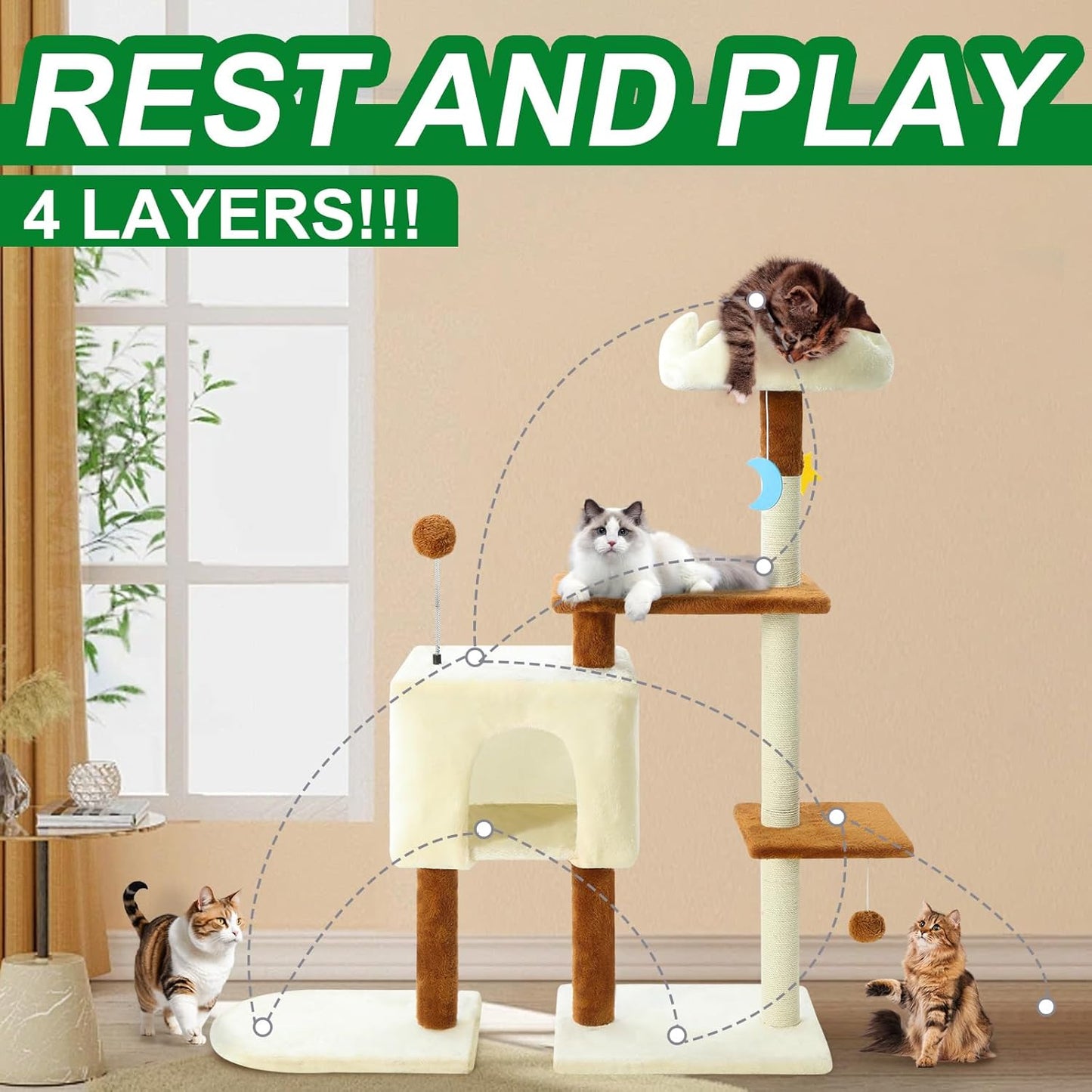 41 Inches Cat Tree Tower with Scratching Post, Tall Cat Trees for Indoor Cats Large Adult, Multi-Level Cozy Plush Cat Houses & Condo Furniture with Top Perch, Cats Climbing Towers(White)