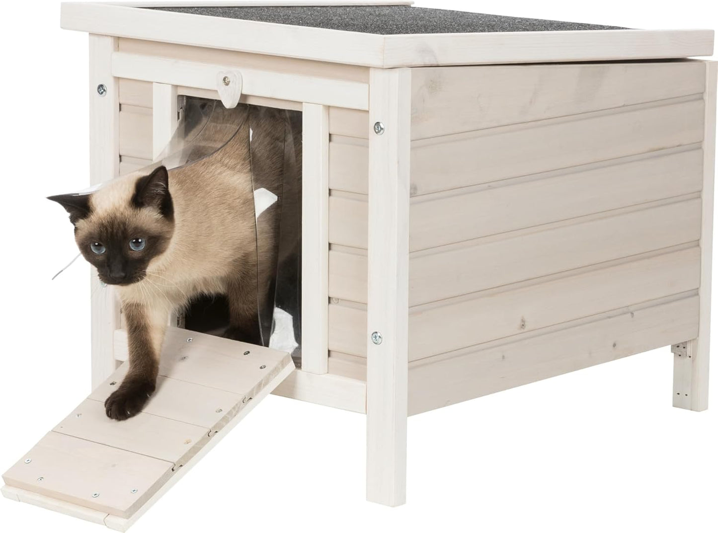 Outdoor Cat House, Weatherproof Cat Home with Raised Floor, Hinged Asphalt Roof & Covered Opening, Small Outdoor Shelter for Cats and Small Animals, Gray Fir Wood