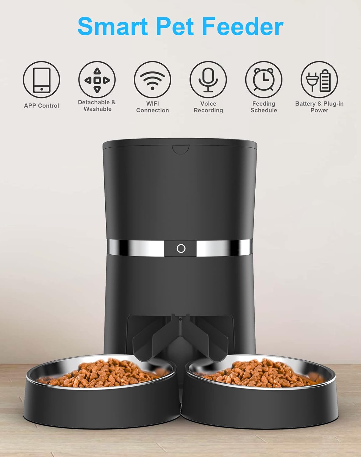 Smart Cat Feeder, Automatic Cat Feeder Enable Pet Dog Food Dispenser Control for Cat&Dog with Two- Splitter and Two Bowls, Voice Recorder Distribution Alarms, Portion Control