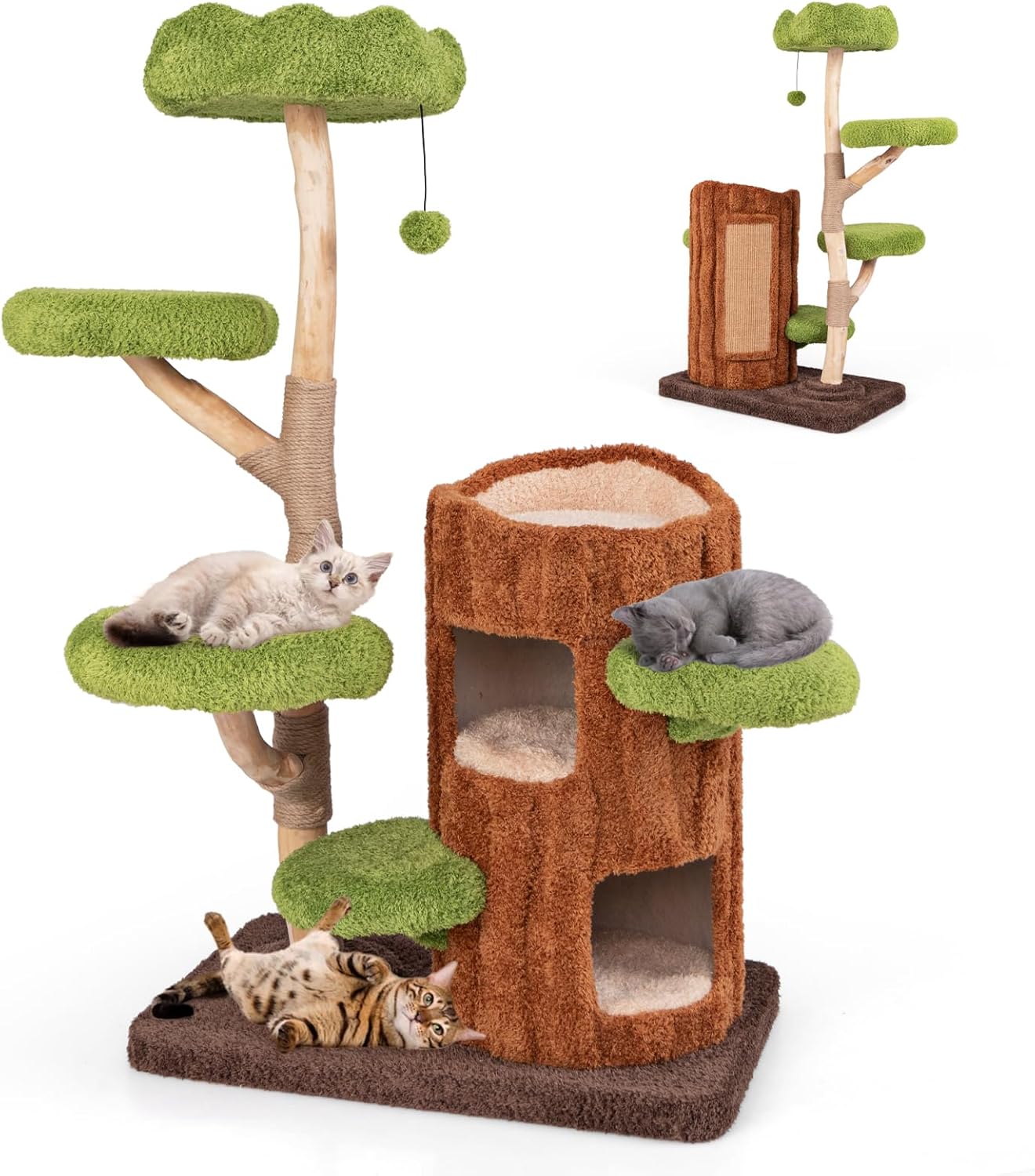 55 Inch Wood Cat Tree, Multi-Level Cat Tower with Double Decker Cat House, Scratching Posts and Sisal Board, Soft Padded Platforms, and Hanging Toy, Wooden Large Cat Tree Tower for Indoor Cats