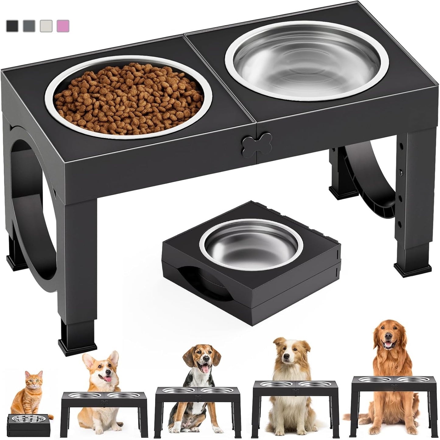 Elevated Dog Bowls Large Breed Raised Dogs Bowl Stand Large/Medium Sized Dog 1L Food Water Bowl Stands 5 Heights Adjustable 9/11/12/14in Black Pet Feeder Dish Station