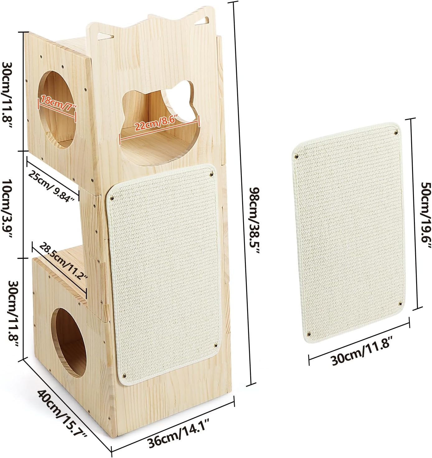 Cat Tower Scratcher, Cat House with Scratching Pad Horizontal Vertical Solid Wooden Cat Tree Furniture with Creative Cat House Condo for Indoor Cats Sunbathing, Relaxing and Sightseeing