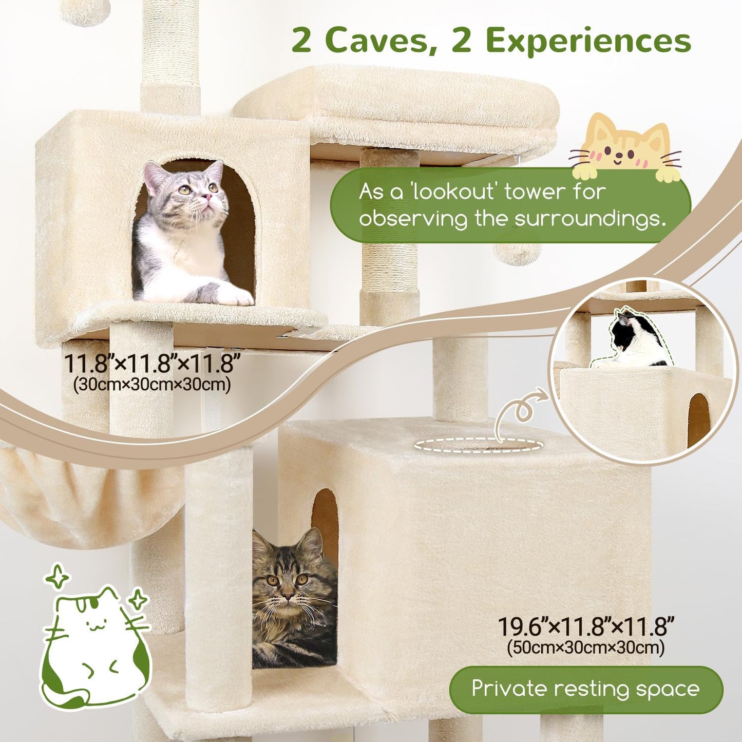 Cat Tree Tower, 76-Inch Extra Tall Multi-Level Cat Furniture with Cozy Condos, Hammock and Perches for Adult Cats, Perfect for Climbing, Scratching, and Play, F76, Beige