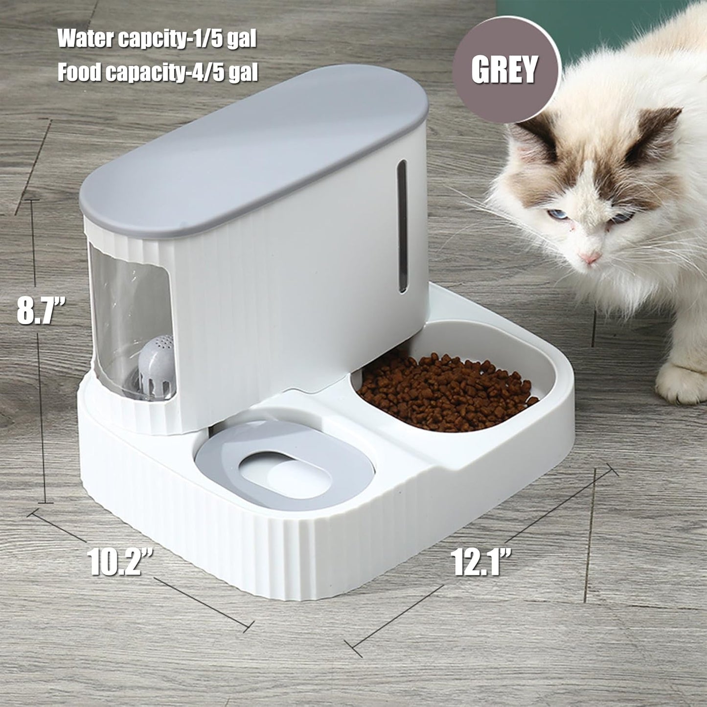 Automatic Cat Feeder,Gravity Auto Timed Pet Dry Food Self Feeding Container Dishes Bowl and Water Dispenser Fountain for Dog Puppy Kitten Kit Set Integrated 2 in 1 Continuous Tray(Grey)