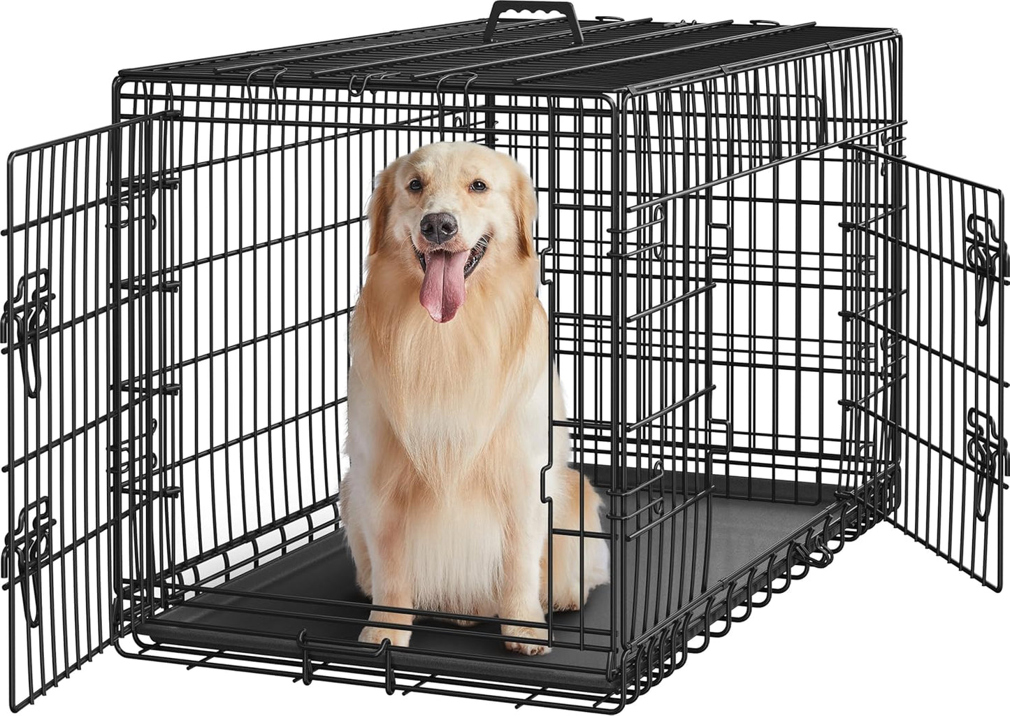 42 inch Double Door Dog Crate w/Divider for Puppy to Adult XL Collapsible Metal Crate with Removable Tray Wire Dog Kennel for Large Dogs Portable Travel Cage, Black