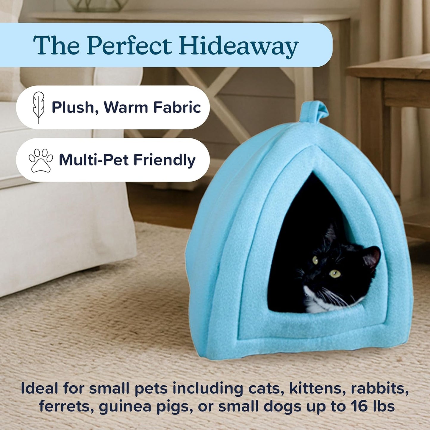 Cat House - Indoor Bed with Removable Foam Cushion - Pet Tent for Puppies, Rabbits, Guinea Pigs, Hedgehogs, and Other Small Animals by (Blue)