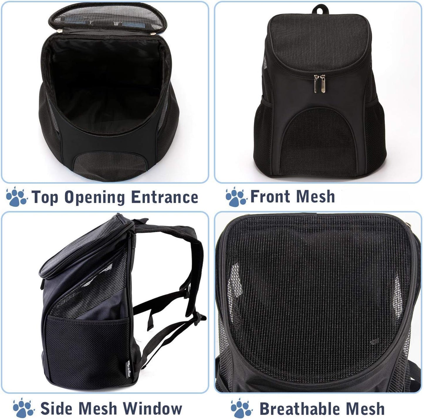 Dog Carrier Backpack Breathable for Small Pets/Cats/Puppies, Pet Carrier Bag with Mesh Ventilation, Safety Features and Cushion Back Support, for Traveling, Hiking, Camping, Walking & Outdoor, Black