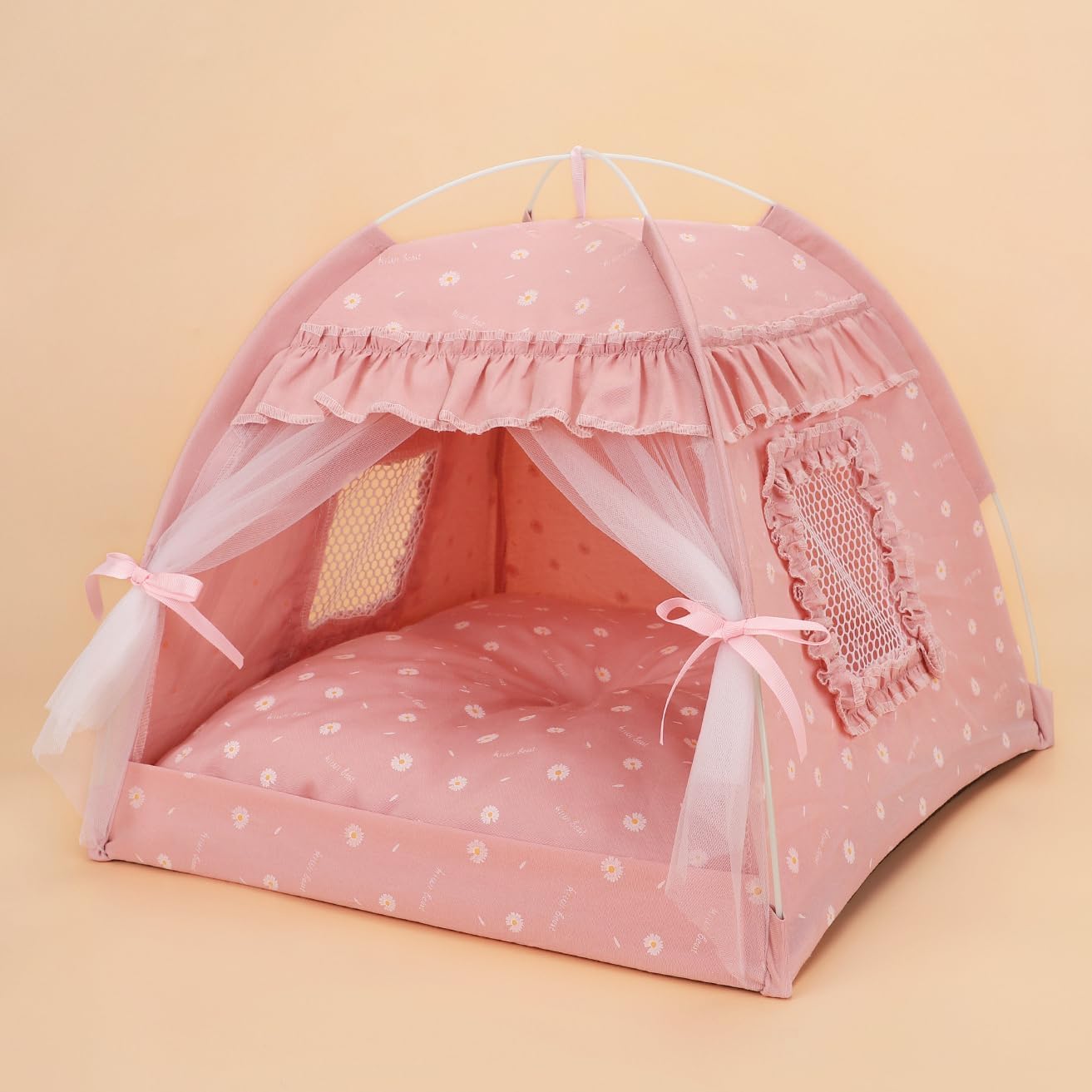 Cat Bed Tents Dog House Indoor Outdoor Lace Mesh Breathable Windows Door Curtains Removable Portable Nest Teepe House (Small,Pink(Ruffled ))