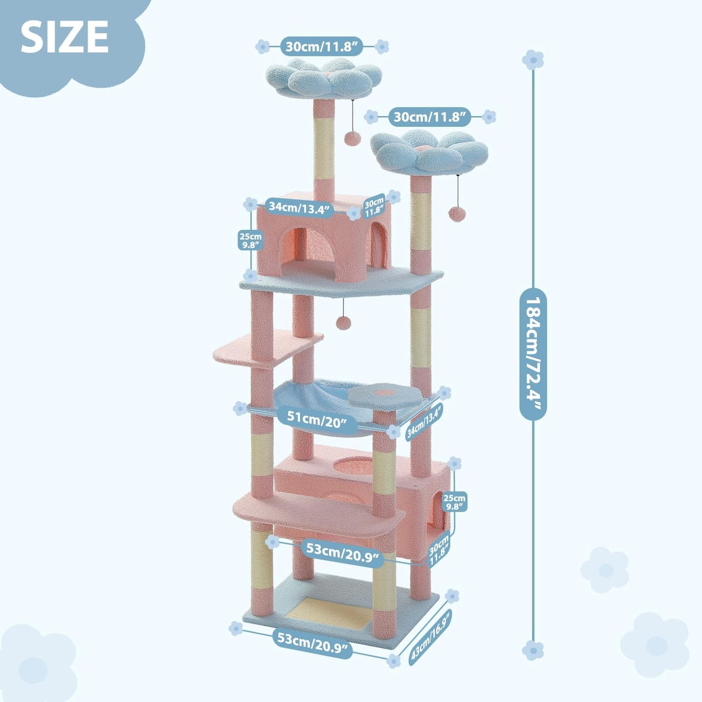 Flower Cat Tree, 72 Inches Large Cat Tower with Steel Frame Hammock and 7 Scratching Posts, Tall Cat Tree with 2 Condos and Perches for Large Indoor Cats - Blue