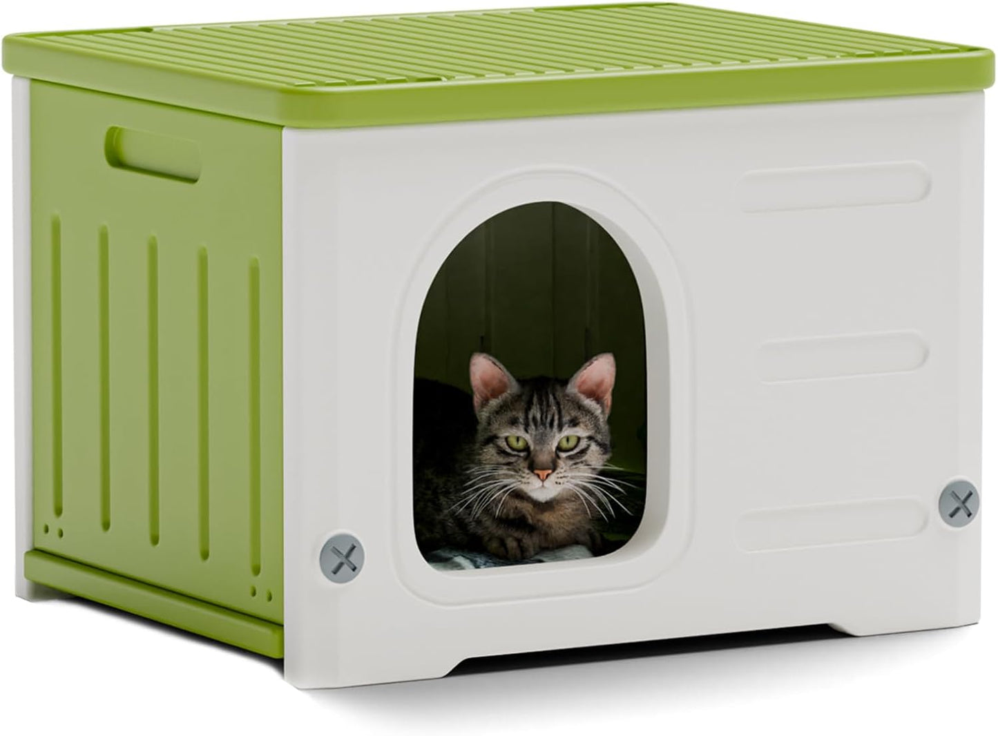 Plastic Cat House for Outdoor Indoor Use, Stackable Feral Cat Shelter Indoor Cat House Weatherproof Waterproof Elevated (Green)