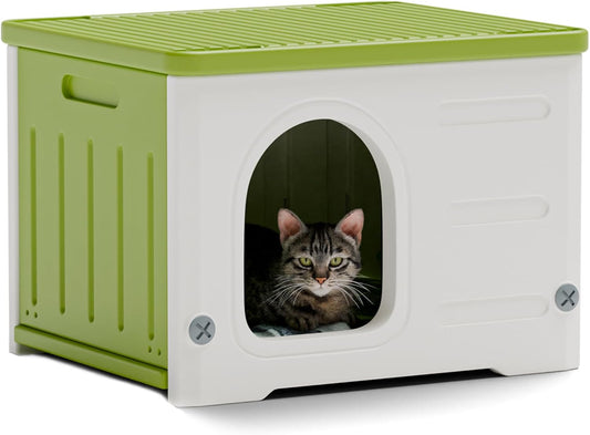 Plastic Cat House for Outdoor Indoor Use, Stackable Feral Cat Shelter Indoor Cat House Weatherproof Waterproof Elevated (Green)