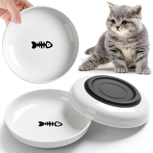No Spill Cat Bowls,Cat Food Bowl,Anti Whisker Fatigue Healthy Ceramic Cats Dishes Set for Indoor Cats,Shallow Wide Kitten Plates for Food and Water,Non-Slip Silicone Bottom,3 Pack