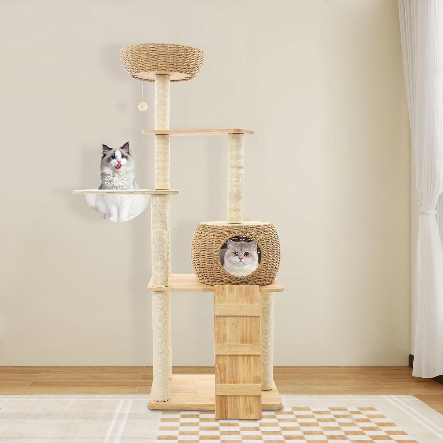 59" Big Modern Cat Tree, Multi-Level Cat Climbing Frame for Indoor Cats Tall Cats Tree with Cat Nest and Space Capsule Cat Tower with Sisal Scratching Posts Solid Oak Cat Condo