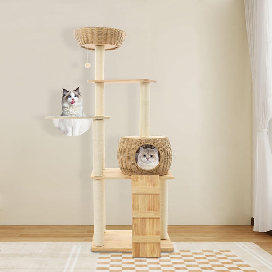 59" Big Modern Cat Tree, Multi-Level Cat Climbing Frame for Indoor Cats Tall Cats Tree with Cat Nest and Space Capsule Cat Tower with Sisal Scratching Posts Solid Oak Cat Condo