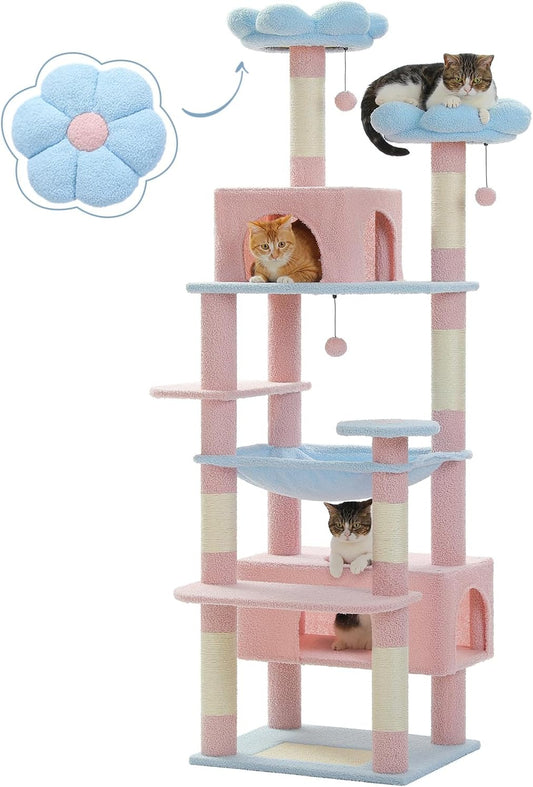 Flower Cat Tree, 72 Inches Large Cat Tower with Steel Frame Hammock and 7 Scratching Posts, Tall Cat Tree with 2 Condos and Perches for Large Indoor Cats - Blue