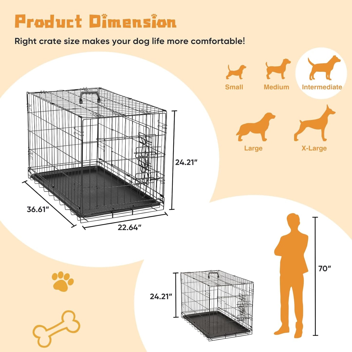 Dog Crate, 36 Inch Medium Double Door Dog Cage with Divider Panel and Plastic Leak-Proof Pan Tray, Folding Metal Wire Pet Kennel for Indoor, Outdoor, Travel