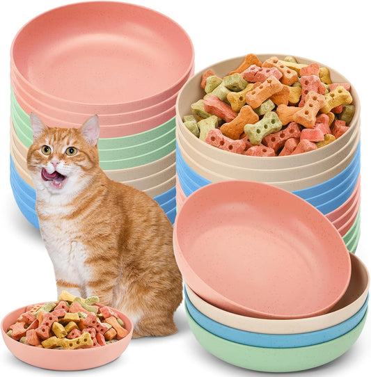 24 Pieces Fatigue Relief Cat Bowl Shallow Cat Food Dish Wide and Small Plate Wide Stray Wet Feeding Bowl for Ferrets Feral Short Legged Kitten, 5.5 Inch Wheat Straw(Four Color,Classic)