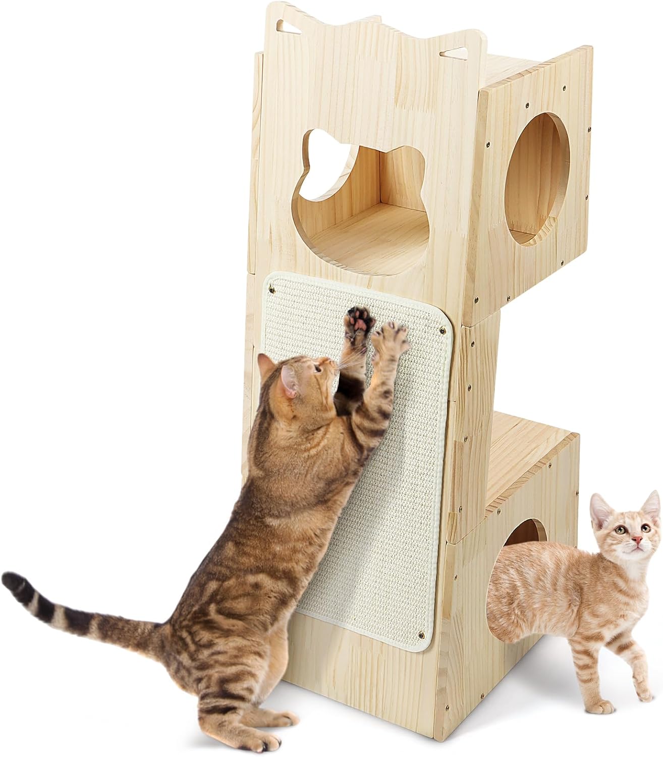 Cat Tower Scratcher, Cat House with Scratching Pad Horizontal Vertical Solid Wooden Cat Tree Furniture with Creative Cat House Condo for Indoor Cats Sunbathing, Relaxing and Sightseeing