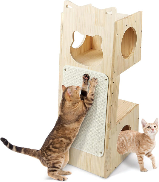 Cat Tower Scratcher, Cat House with Scratching Pad Horizontal Vertical Solid Wooden Cat Tree Furniture with Creative Cat House Condo for Indoor Cats Sunbathing, Relaxing and Sightseeing