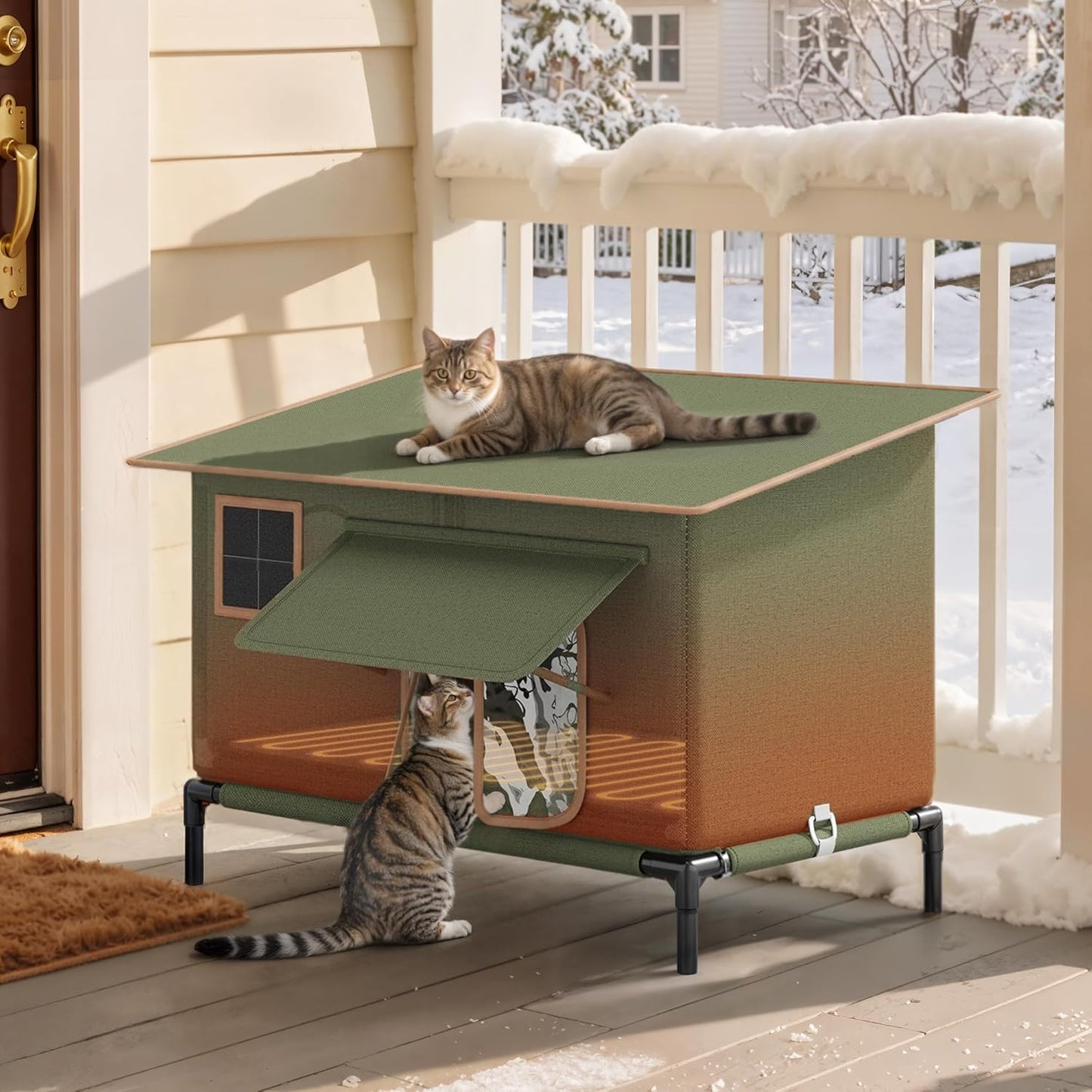 Heated Outdoor Cat House for Winter, Insulated Waterproof Feral Cat Shelter with Heating Pad & Escape Door, Warm Covered Kitty House for Stray and Pet Cats