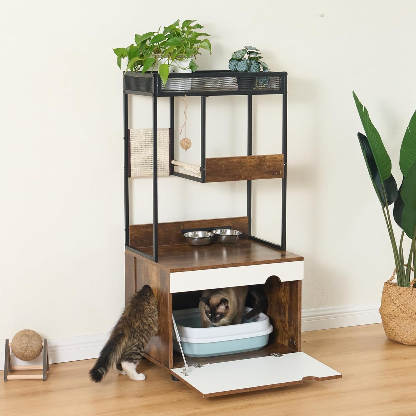 Cat Furniture Cabinet, Cat Tower, Cat Litter Box Enclosures with Cat Tree Tower, Cat Climbing Frame, Cat Furniture, Cat Cabinet (White+Vintage)