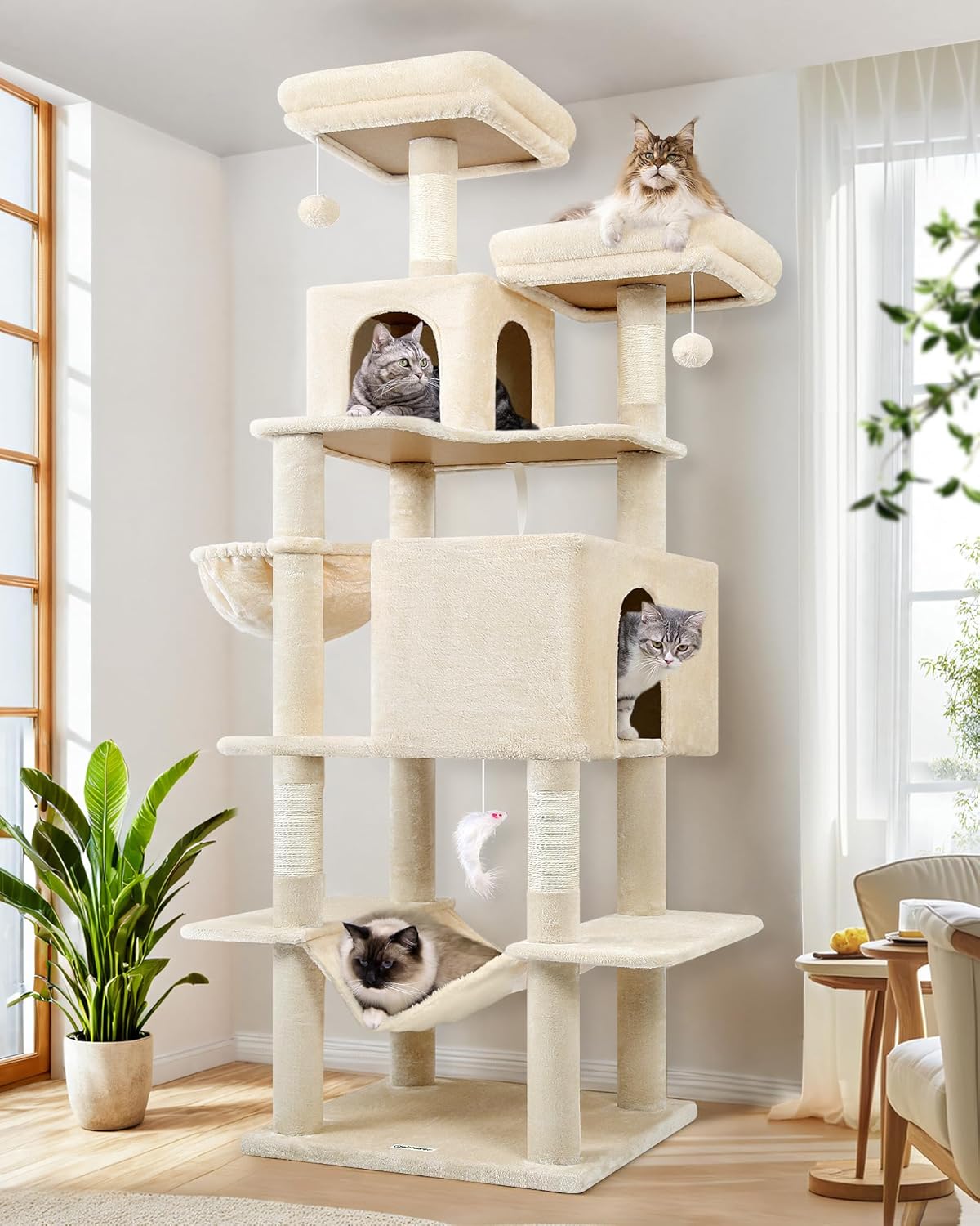 Cat Tree Tower, 76-Inch Extra Tall Multi-Level Cat Furniture with Cozy Condos, Hammock and Perches for Adult Cats, Perfect for Climbing, Scratching, and Play, F76, Beige