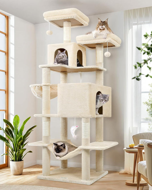 Cat Tree Tower, 76-Inch Extra Tall Multi-Level Cat Furniture with Cozy Condos, Hammock and Perches for Adult Cats, Perfect for Climbing, Scratching, and Play, F76, Beige