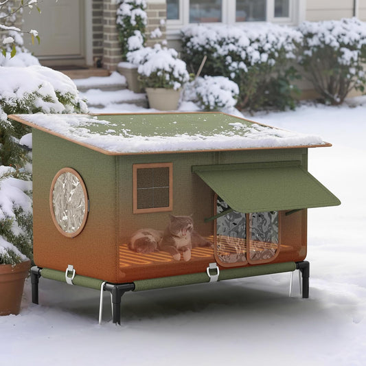Heated Outdoor Cat House for Winter, Insulated Waterproof Feral Cat Shelter with Heating Pad & Escape Door, Warm Covered Kitty House for Stray and Pet Cats