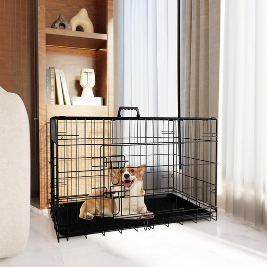 Dog Crate, 30 Inch Medium Dog Cage with Divider and Plastic Leak-Proof Pan Tray, Double Door Folding Metal Wire Cage for Indoor, Outdoor and Travel (30 Inch)