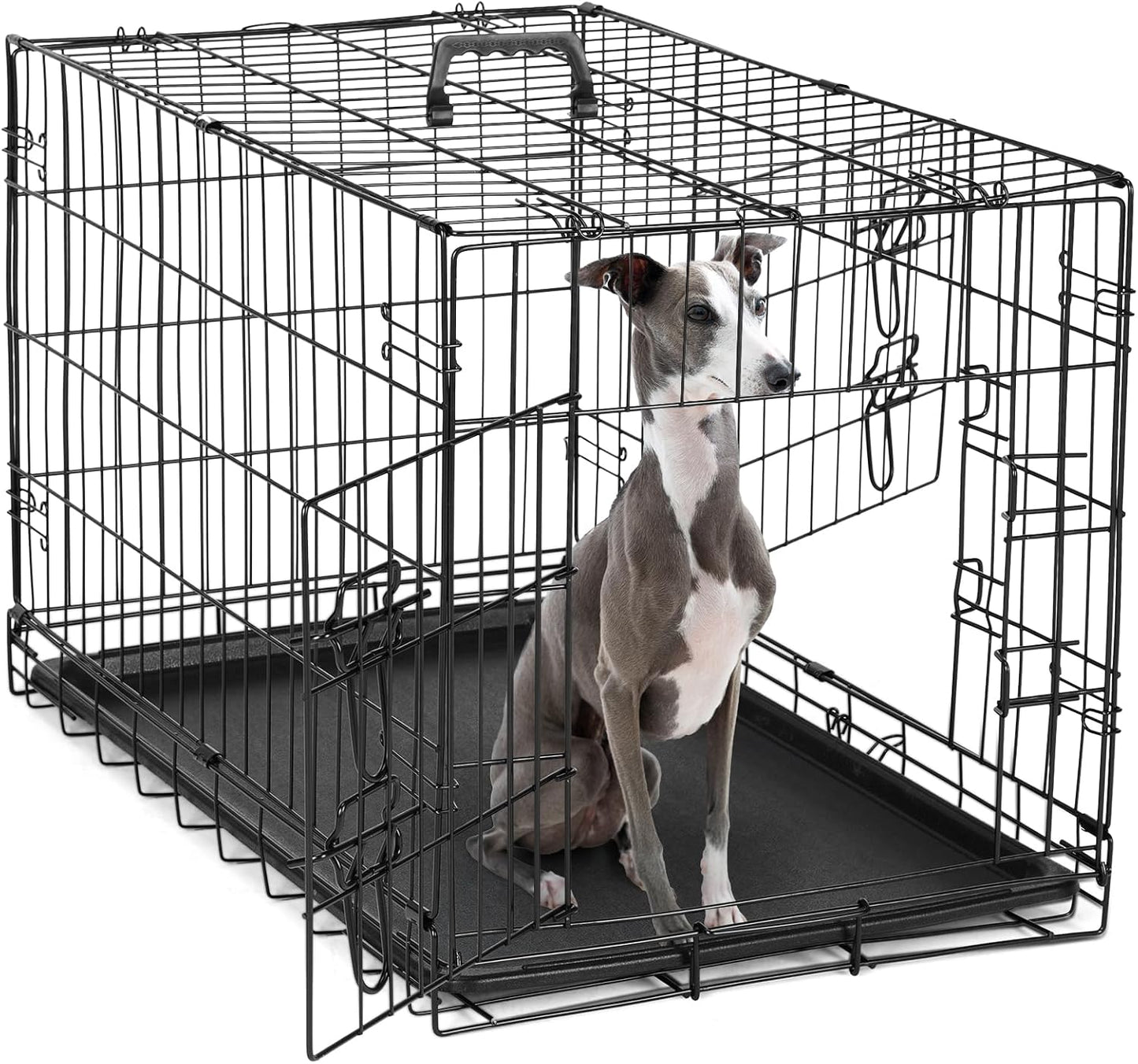 Dog Crate, 36 Inch Medium Double Door Dog Cage with Divider Panel and Plastic Leak-Proof Pan Tray, Folding Metal Wire Pet Kennel for Indoor, Outdoor, Travel